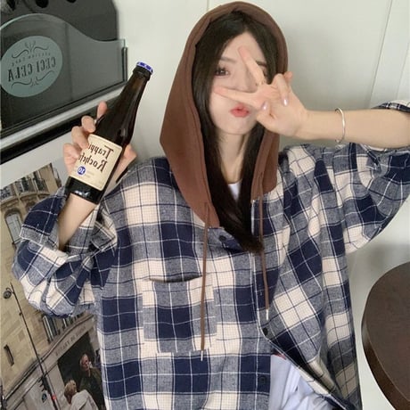 レイヤード風 フード付き チェックシャツ フードシャツ チェック柄 起毛 パーカー オーバーサイズ ルーズ レトロ 韓国ファッション レディース カジュアル DTCA-758703771535
