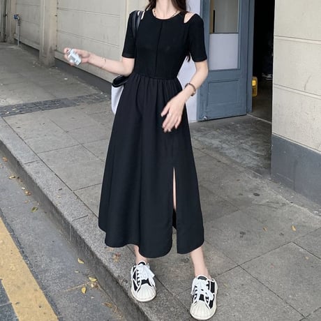 ワンピース 切り替え 肩開き 半袖 スリット ロング丈 Aライン ハイウエスト レトロ 韓国ファッション レディース 大人可愛い ガーリー DTC-706730929655