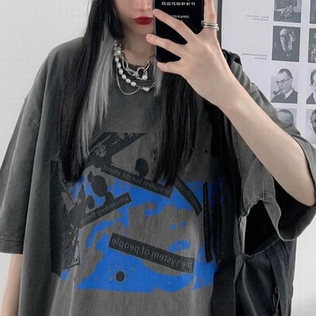 ユニセックス Tシャツ 半袖 幾何学 グラフィティプリント オーバーサイズ 韓国ファッション メンズ レディース トップス カジュアル ストリートファッション DTC-644775769961