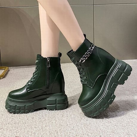 厚底 ブーツ インヒール チェーン 22.0～24.5cm シューレース サイドファスナー 防水プラットフォーム レザー ショートブーツ 履きやすい ガーリー DTC-654284892844
