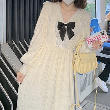 ワンピース リボン フリル 裏起毛 Vネック ハイウエスト ロング丈 Aライン 長袖 レトロ 韓国ファッション レディース 大人可愛い ガーリー フェミニン DTC-664791241864