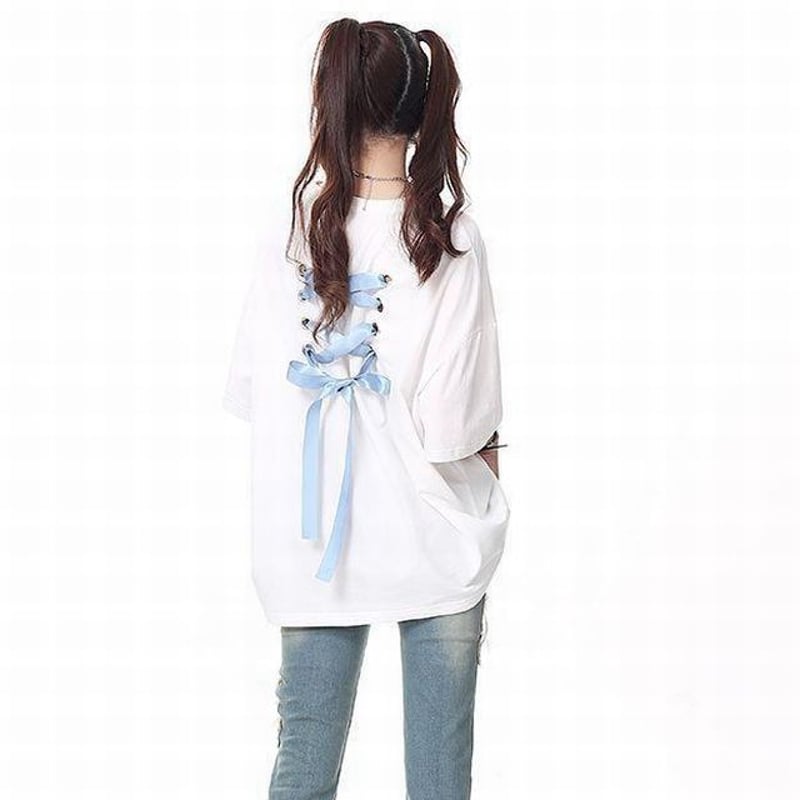 バックリボン Tシャツ オーバーサイズ 半袖 サブカル系 地雷系 レトロ