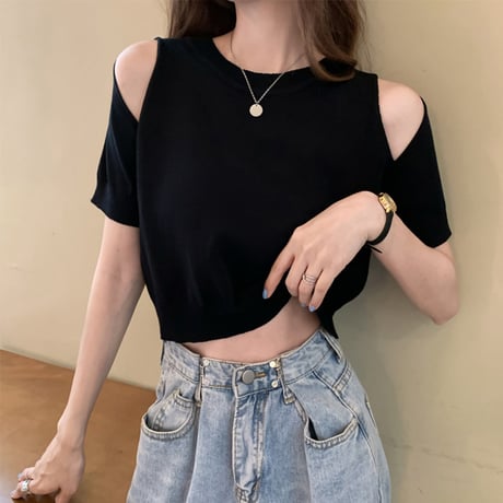 tシャツ オープンショルダー サマーニット 半袖 ショート丈 へそ出し 肩開き 肩出し 薄手 トップス 韓国ファッション レディース 大人可愛い ガーリー DTCA-640484604365