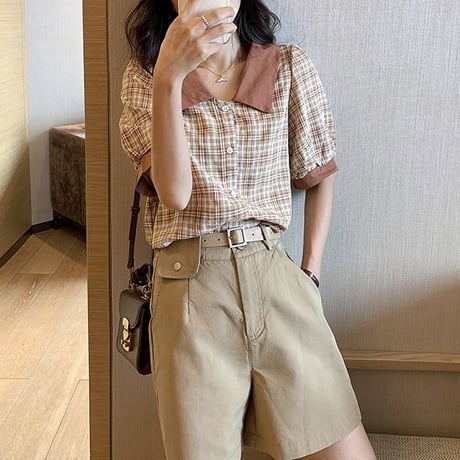 チェック柄 ブラウス シャツ パフスリーブ 半袖 バイカラー レトロ 韓国ファッション レディース 大人可愛い ガーリー フェミニン DTCA-642810095273