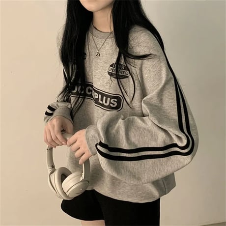 トレーナー スウェット サイドライン ロゴ トップス クルーネック ルーズ ゆったり 長袖 レトロ 大人可愛い ガーリー カジュアル DTCA-843593634855