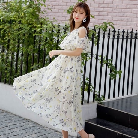 レディース レースレイヤー肩あき 花柄ワンピース フリル フェミニン ガーリー 韓国ファッション (DCT-569895814971)