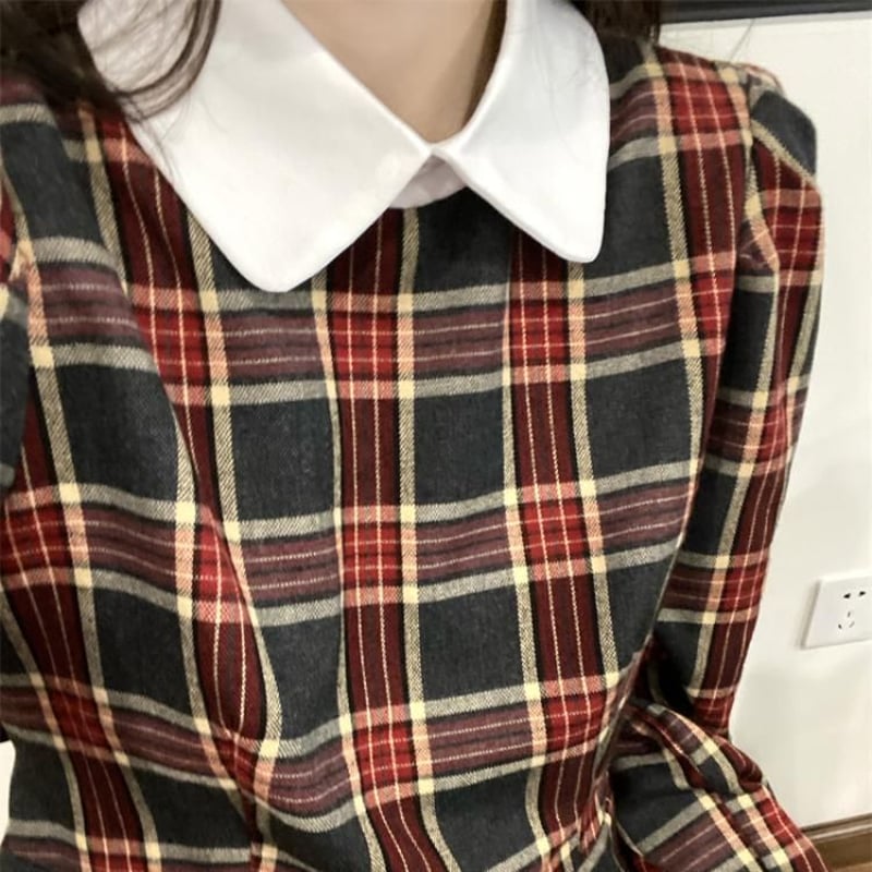 チェック柄 襟付き ワンピース 配色 ハイウエスト ロング丈 長袖