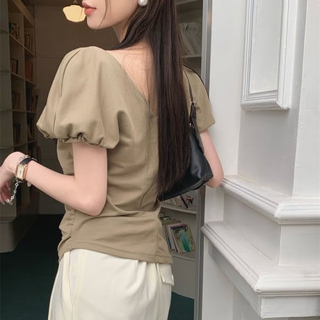 Tシャツ クロスデザイン Vネック パフスリーブ 薄手 半袖 レトロ 韓国ファッション レディース 大人可愛い ガーリー DTC-715100887328