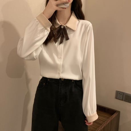シャツ ブラウス リボンタイ パフスリーブ ルーズ 長袖 レトロ 韓国ファッション レディース 大人可愛い ガーリー DTC-659642910608