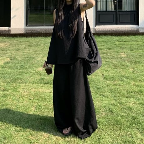 セットアップ 2点セット ノースリーブ トップス ワイドパンツ ルーズ カットソー モップパンツ レトロ 韓国ファッション レディース 大人可愛い ガーリー DTC-806843446722