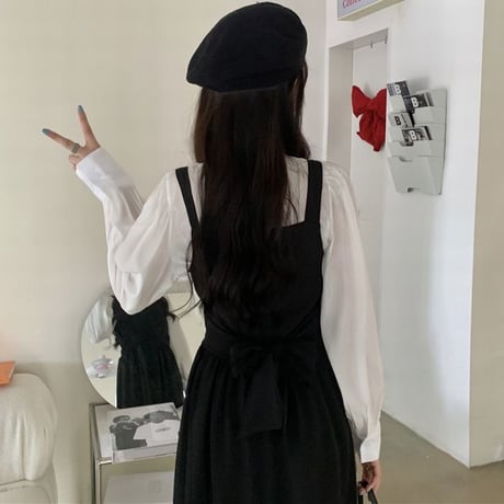 2点セット ブラウス Tシャツ ジャンパースカート ジャンスカ ハイウエスト 長袖 ルーズ セットアップ レトロ 韓国ファッション レディース 大人可愛い ガーリー DTC-662337447667