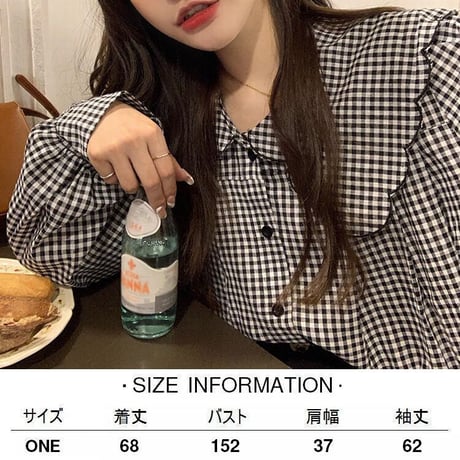 大きい襟 ブラウス ギンガムチェック ビッグカラー ルーズ チェックブラウス 長袖 レトロ 韓国ファッション レディース 大人可愛い ガーリー フェミニン DTC-656062193366