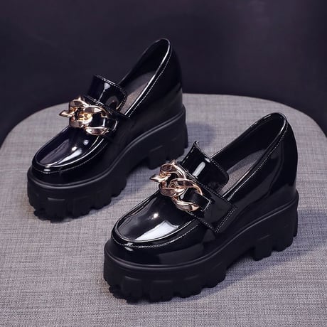 厚底 ローファー 22.0～24.5cm チェーンデザイン インヒール パテントレザー 歩きやすい ホワイト ブラック 靴 厚底シューズ ガーリー DTC-653680025155