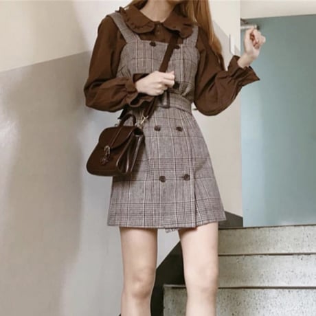 セットアップ ジャンパースカート ワンピース フリル ブラウス ミニ丈 レトロ 韓国ファッション レディース 大人可愛い ガーリー DTCA-628240588568