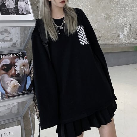 ユニセックス Tシャツ 長袖 モノトーンフラッグ柄 爪痕 オーバーサイズ 韓国ファッション メンズ レディース ロンT カジュアル ストリートファッション DTC-651649556386