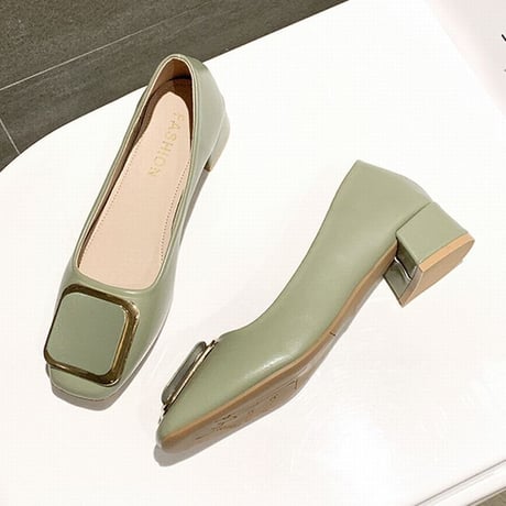 バックル付 パンプス チャンキーヒール 4cm 韓国ファッション レディース シンプル スクエアトゥ シューズ キュート 痛くない かわいい 歩きやすい 610846873186