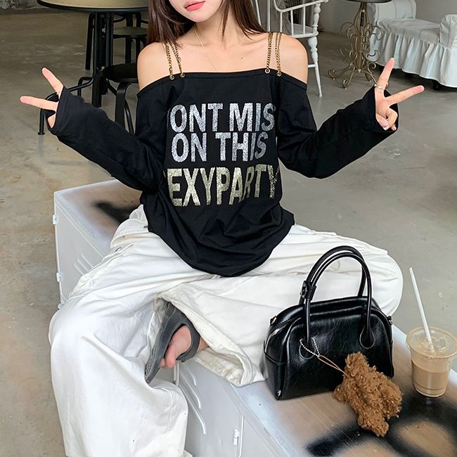 肩紐チェーン オフショルダー tシャツ 長袖 オフショル トップス 肩紐チェーン オフショルダー tシャツ 長袖 オフショル トップス