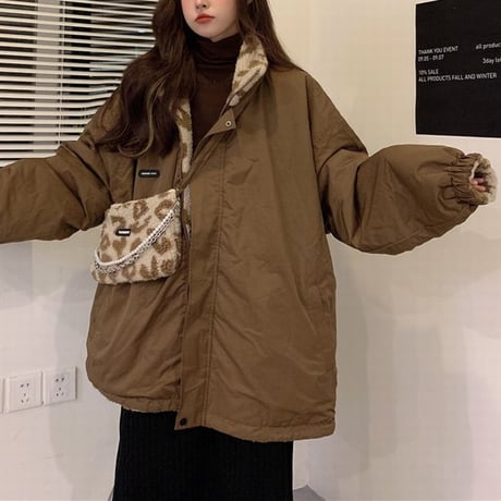 2way リバーシブル ヒョウ柄 無地 ボアブルゾン ブルゾン フェイクラムウール 厚手 オーバーサイズ もこもこ 防寒 ボア レオパード柄 ゆったり カジュアル DTC-657991691559