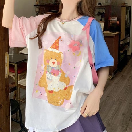 Tシャツ 立体スター クマちゃんプリント バイカラー ラグランスリーブ 半袖 オーバーサイズ トップス レトロ 韓国ファッション レディース 大人可愛い ガーリー DTC-773427210950