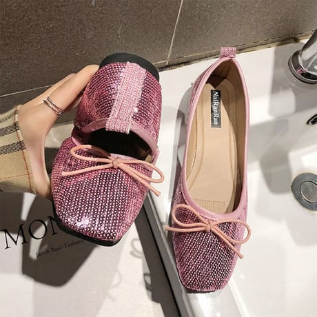 パンプス リボン キラキラ フラット スパンコール 韓国ファッション レディース フラットパンプス フラットシューズ ぺたんこ キュート 痛くない かわいい 歩きやすい 589189010792