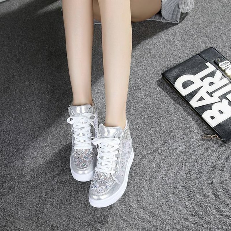 ラインストーン厚底スニーカー レディース ラインストーン メッシュ ハイカット スニーカー