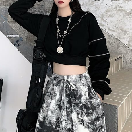 ショート丈 トップス ファスナー Tシャツ スリット オフショルダー トレーナー プルオーバー ルーズ ゆったり 長袖 韓国ファッション レディース カジュアル DTC-733212755331