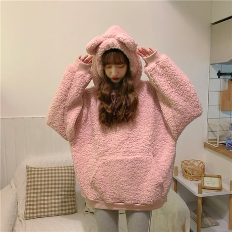 くま耳 ボアパーカー もこもこ パーカー 長袖 耳付き ポケット ボア トップス モコモコ 厚手 レトロ 韓国ファッション レディース 大人可愛い ガーリー DTC-655515206644