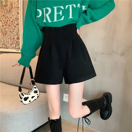 ショートパンツ ウール調 ハイウエスト ワイドパンツ ワイドレッグパンツ レトロ 韓国ファッション レディース 大人可愛い ガーリー カジュアル DTC-659111554810