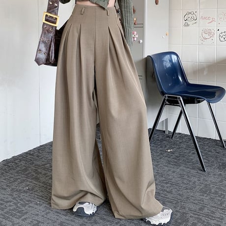 モップパンツ タック ワイドパンツ ドレープ フレア ハイウエスト ルーズ レトロ 韓国ファッション レディース 大人可愛い ガーリー DTC-760473405376