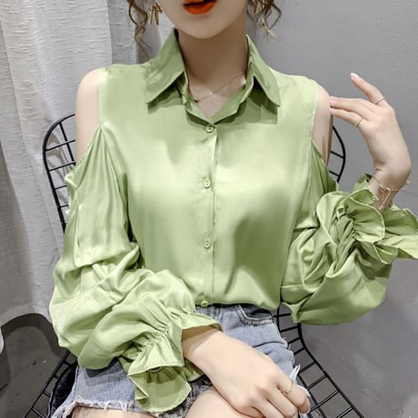 【3カラー】 オープンショルダー ブラウス シャツ 肩出し 肩開き パフスリーブ 長袖 薄手 レトロ 韓国ファッション レディース 大人可愛い ガーリー DTC-637340246907