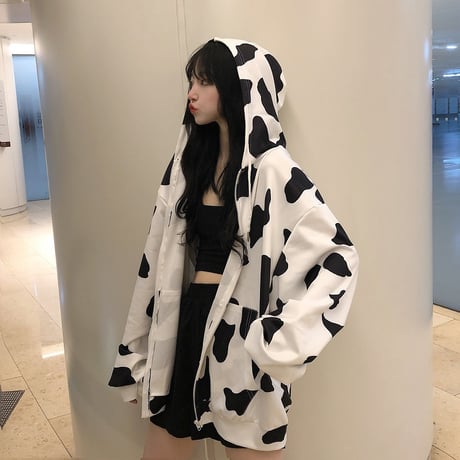 牛柄 パーカー ジップアップ オーバーサイズ 韓国ファッション レディース ルーズ ジッパー 長袖 ゆったり 大きめ ルーズ カジュアル ストリート ファッション DTC-628266604018
