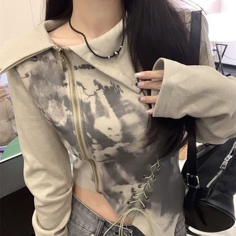 不規則デザイン 襟付き Tシャツ レースアップ ファスナー ジップアップ ショート丈 トップス スリムフィット 韓国ファッション レディース 大人可愛い ガーリー DTC-695994211842