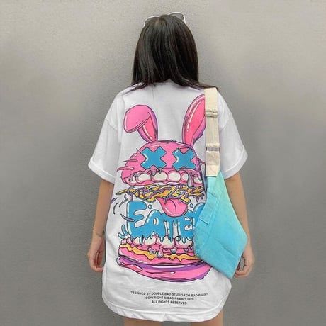 ユニセックス Tシャツ 半袖 メンズ レディース ラウンドネック EATER ラビット うさぎ バックプリント オーバーサイズ 大きいサイズ ルーズ ストリート TBN-622752800808