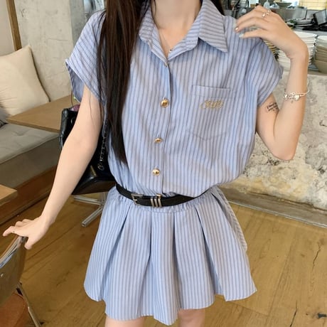ストライプ柄 シャツワンピース 半袖 プリーツ ショート丈 ミニワンピース Aライン ワンピース レトロ 大人可愛い ガーリー 韓国ファッション レディース DTC-793096900642