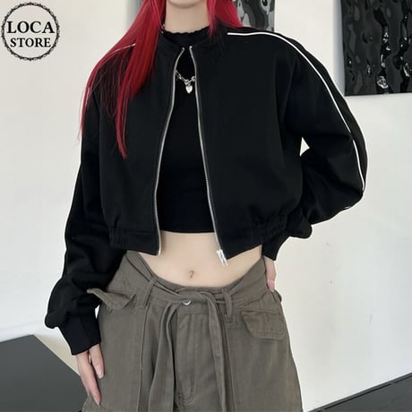 サイドライン ショート丈 ジャケット ジップアップ ルーズ 長袖 大人カジュアル ガーリー カジュアル 韓国ファッション レディース 韓国ストリートファッション DTC-680734456299