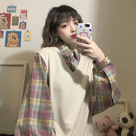 ベスト × チェック柄 フェイクレイヤード 韓国ファッション レディース 重ね着風 シャツ ガーリー カジュアル DTC-601095644955