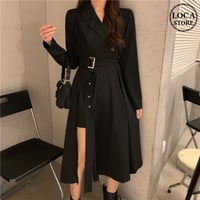 トレンチ風 ワンピース スリット ウエストベルト 長袖 レトロ 韓国ファッション レディース 長袖 ゆったり 大人可愛い ガーリー DTCA-693166519226