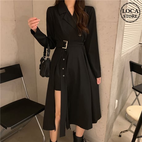 トレンチ風 ワンピース スリット ウエストベルト 長袖 レトロ 韓国ファッション レディース 長袖 ゆったり 大人可愛い ガーリー DTCA-693166519226