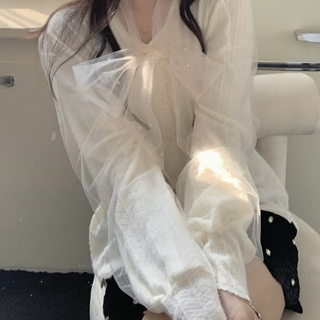 ブラウス リボン チュール ルーズ 長袖 ボウタイリボン シフォン レトロ 韓国ファッション レディース 大人可愛い ガーリー フェミニン DTC-688555494738