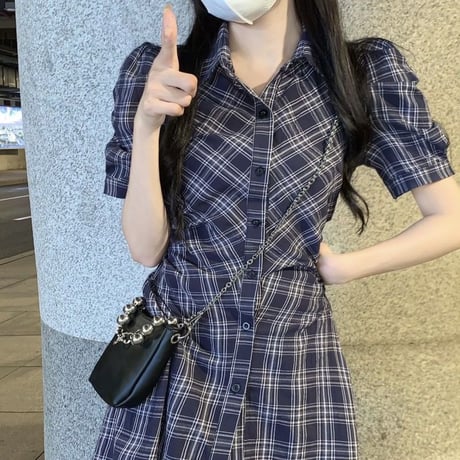 チェック柄 シャツワンピース パフスリーブ ハイウエスト ミニワンピース 半袖 レトロ 韓国ファッション レディース 大人可愛い ガーリー フェミニン DTC-676307425634