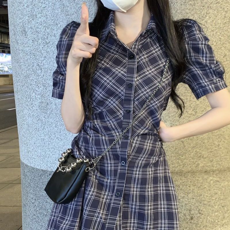 チェック柄 シャツワンピース パフスリーブ ハイウエスト ミニ チェック柄 シャツワンピース パフスリーブ ハイウエスト ミニ