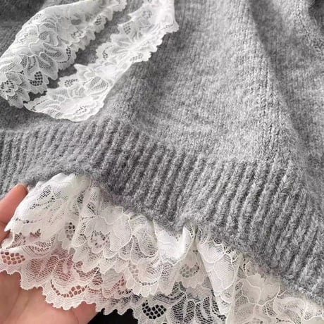 ニット レース リボン Vネック プルオーバー セーター トップス ルーズ フェイクツーピース 長袖 レトロ 大人可愛い ガーリー フェミニン カジュアル DTCA-849338174416