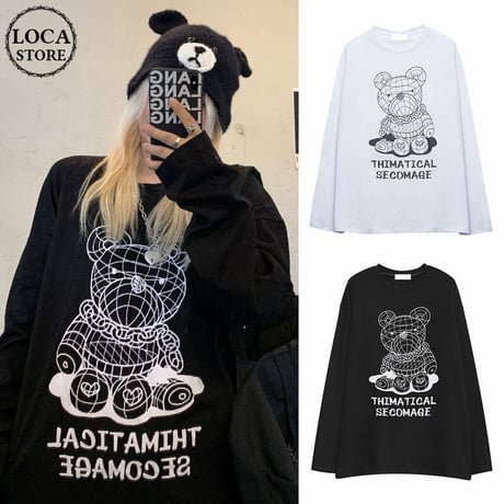 ユニセックス Tシャツ 長袖 ラインベアープリント クマちゃん ラウンドネック オーバーサイズ トップス 大きめ カジュアル ストリートファッション DTC-653486439224
