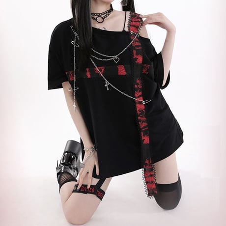 ワンショルダー Tシャツ ストラップ チェーン付き 肩出し トップス アシンメトリー ルーズ 半袖 Y2K レトロ 韓国ファッション レディース 大人可愛い ガーリー DTC-800436724194