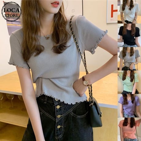 ウェーブヘム リブニット サマーニット Tシャツ 半袖 ラウンドネック トップス 韓国ファッション レディース カットソー シンプル 大人可愛い ガーリー DTC-639423318201