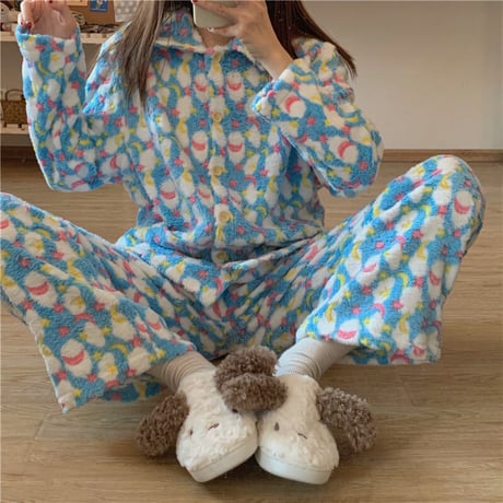 【ルームウェア】 選べる2タイプ パジャマ セットアップ トップス + パンツ フロントボタン フリース 長袖 上下セット 長袖 韓国ファッション レディース ガーリー 633212166815