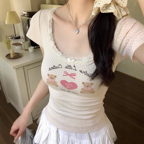 tシャツ ドット柄 クマちゃん リボン レース トップス Uネック スリムフィット スリムtシャツ 半袖 レトロ 大人可愛い ガーリー カジュアル DTCA-811944873611