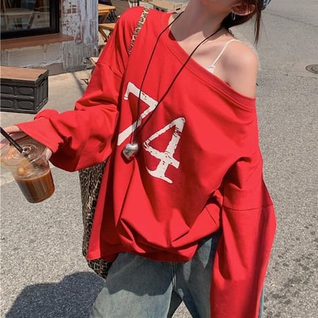 2WAY 前後着用 トップス ロンT ワンショルダー オフショルダー tシャツ スウェット アシンメトリー オーバーサイズ ゆったり レトロ 長袖 カジュアル DTCA-837273595763