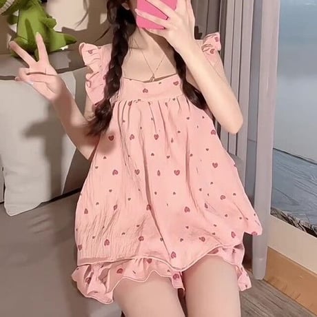 ルームウェア セットアップ 上下セット フリル ハート柄 スクエアネック ショートパンツ ウエストゴム パジャマ 部屋着 フェミニン 韓国ファッション レディース DTC-675611783070