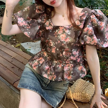 【2カラー】 花柄 ブラウス パフスリーブ ショート丈 シフォン ルーズ 半袖 レトロ 韓国ファッション レディース 大人可愛い ガーリー フェミニン DTC-723120323791